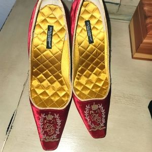 Dolce Gabbana Red logo Gold Embroidered Velvet Shoes 37